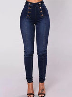 Blue jeans with button details on a white background