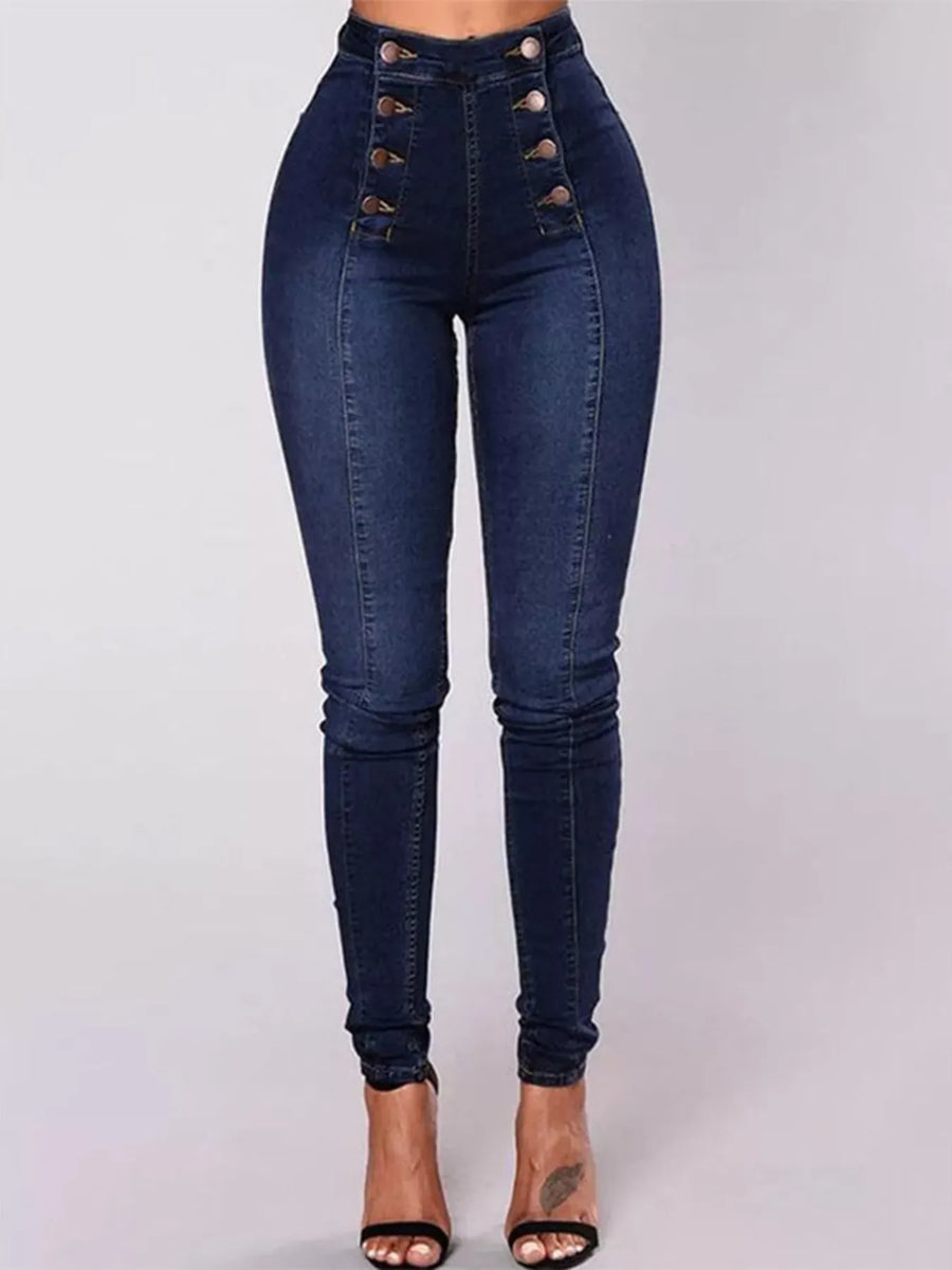 Blue jeans with button details on a white background