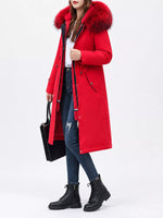 Side view of red Women's Detachable Longline Hooded Parka with Faux Fur Trim and Drawstring Waist