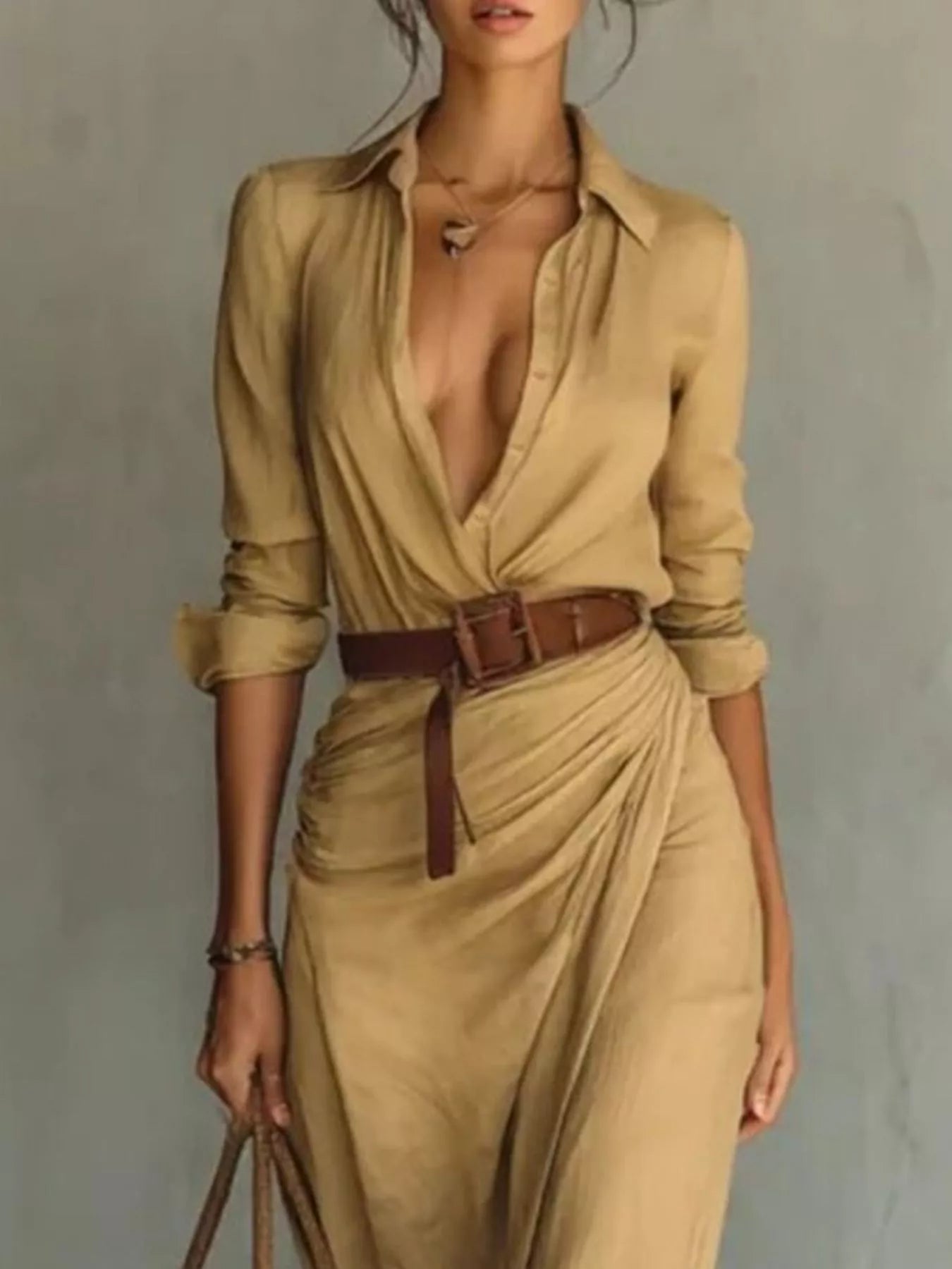Woman wearing a beige jumpsuit with a brown belt against a gray background