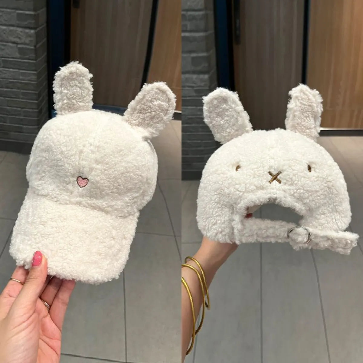 Two images of a fluffy white bunny hat held by a hand against a neutral background.