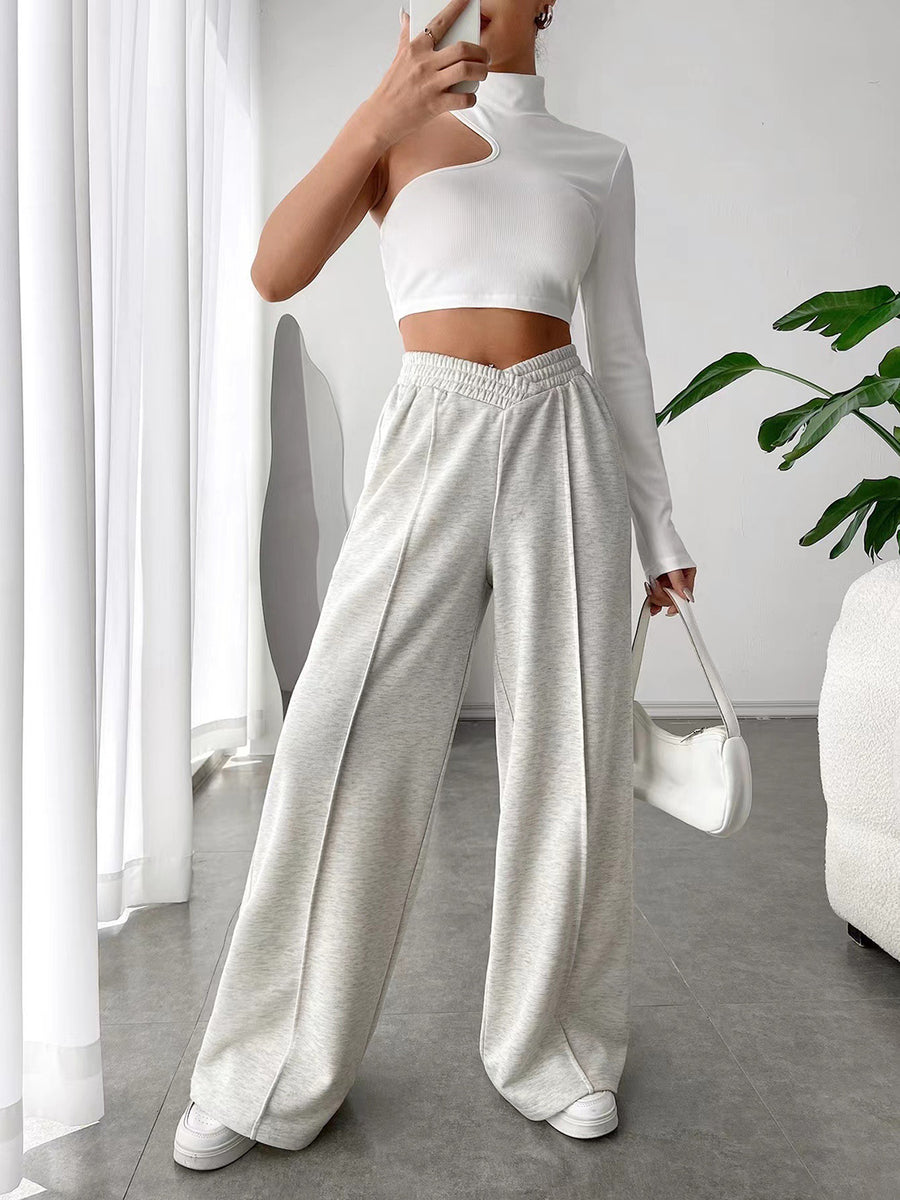 Full view of gray Elastic Waist Wide Leg Jogger Pants