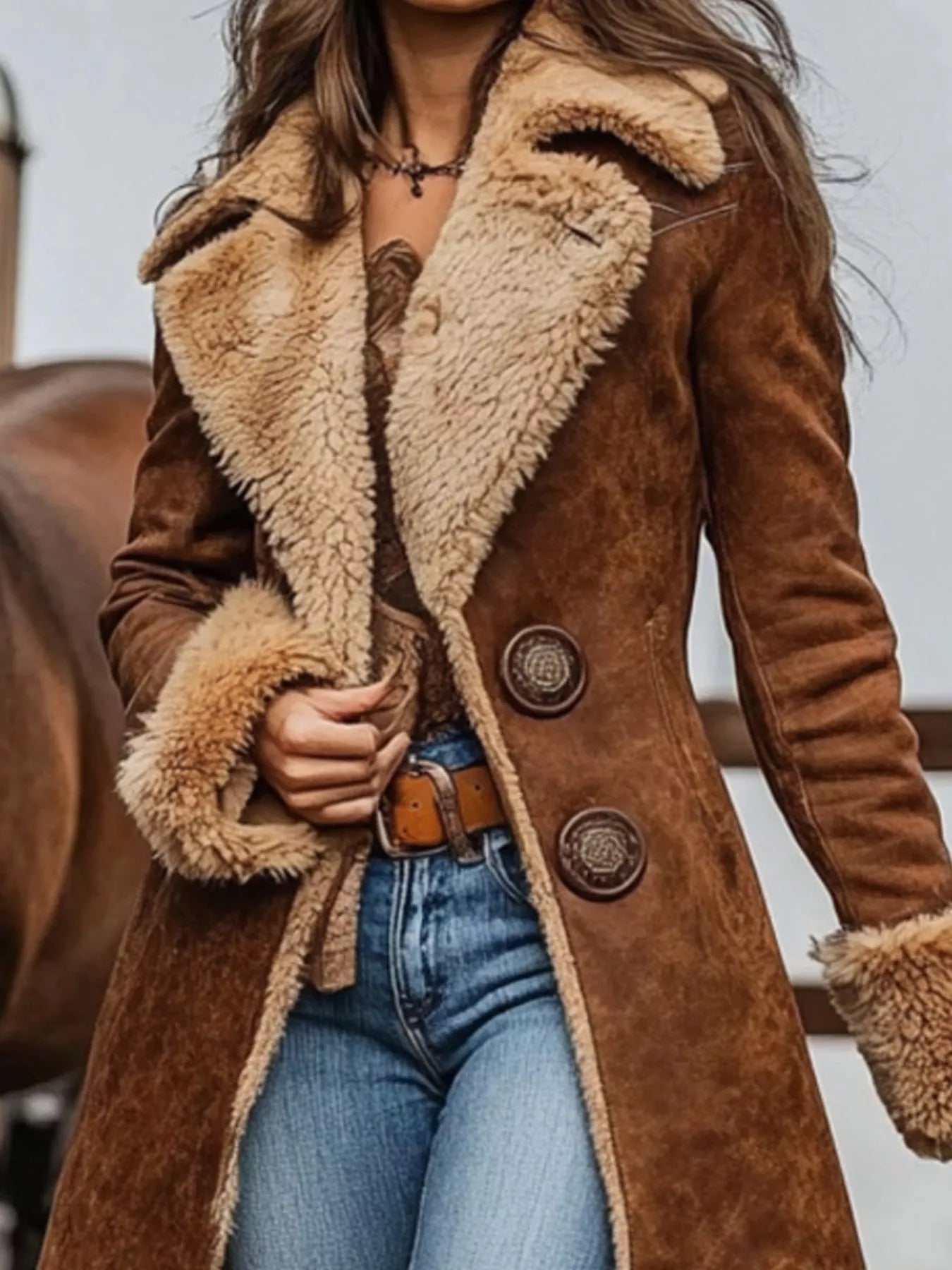 Brown suede coat with fur lining worn by a person, with a blurred background.