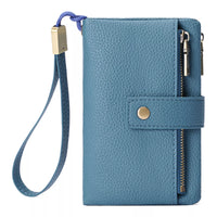 Blue wallet with a strap on a white background