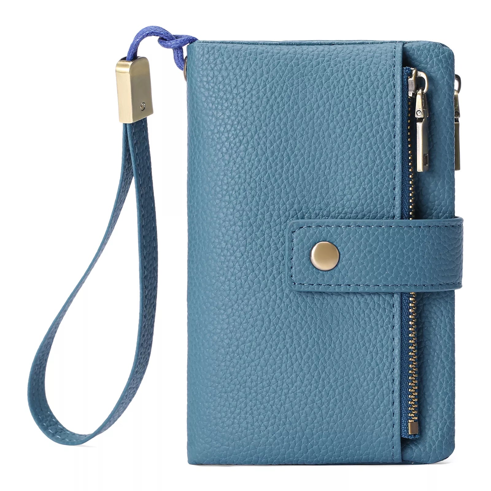 Blue wallet with a strap on a white background