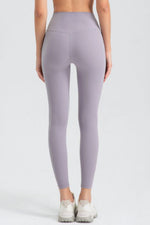 Back view of gray Women's Wide Waistband Slim Fit Active Leggings