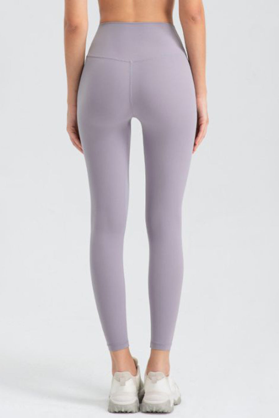 Back view of gray Women's Wide Waistband Slim Fit Active Leggings