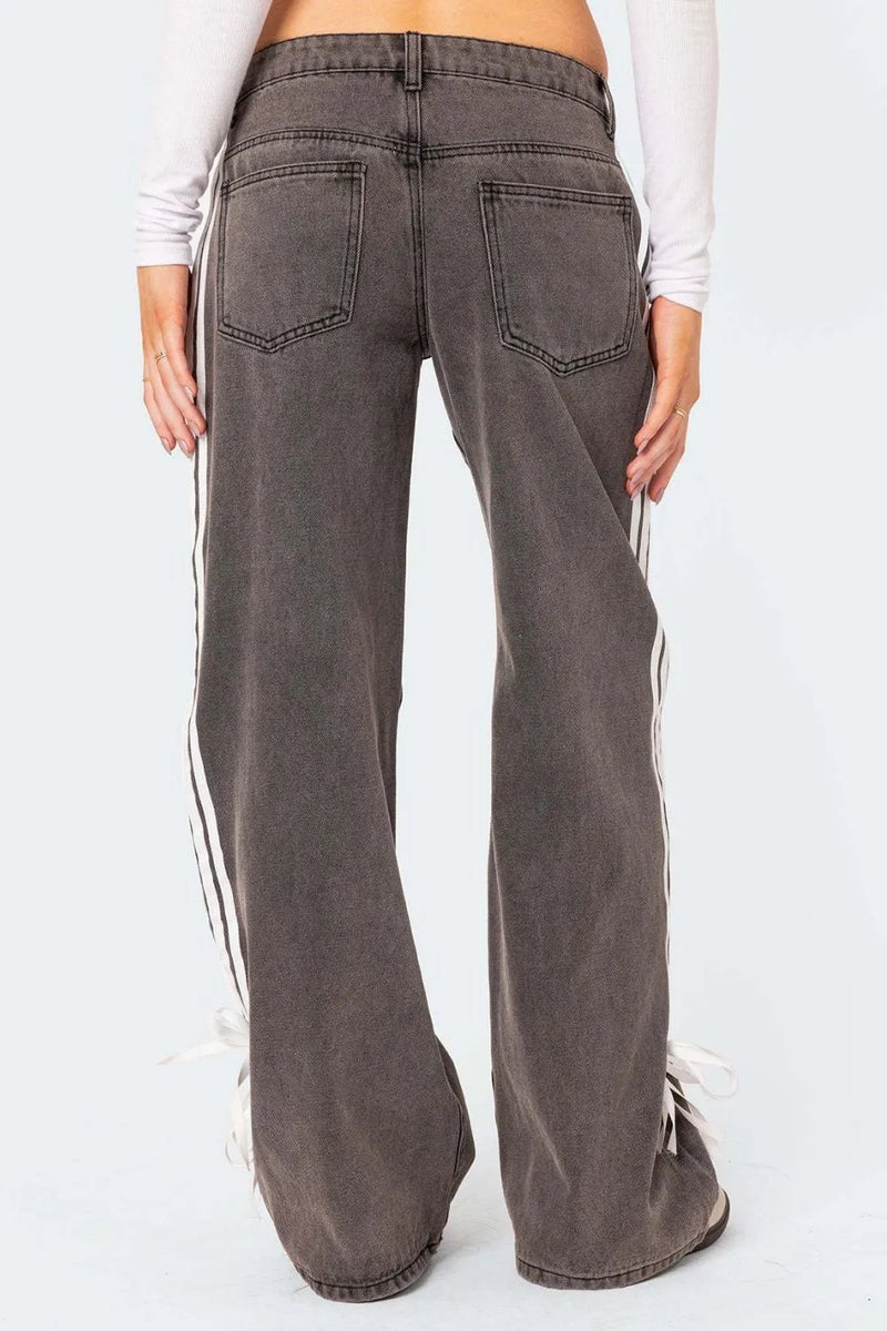 Gray wide-leg pants with white stripes on a white background