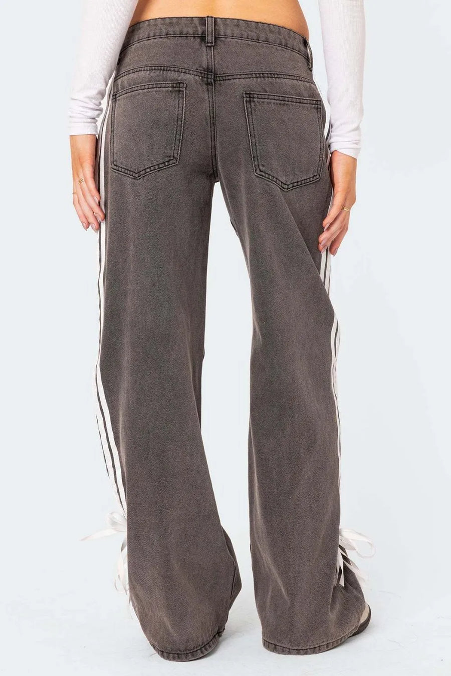 Gray wide-leg pants with white stripes on a white background