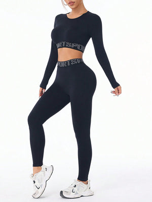 Right side view of Letter Print Round Neck Long Sleeve Top and Leggings Active Set