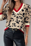 Leopard Pattern V-Neck Contrast Rib Knitted Sweater
