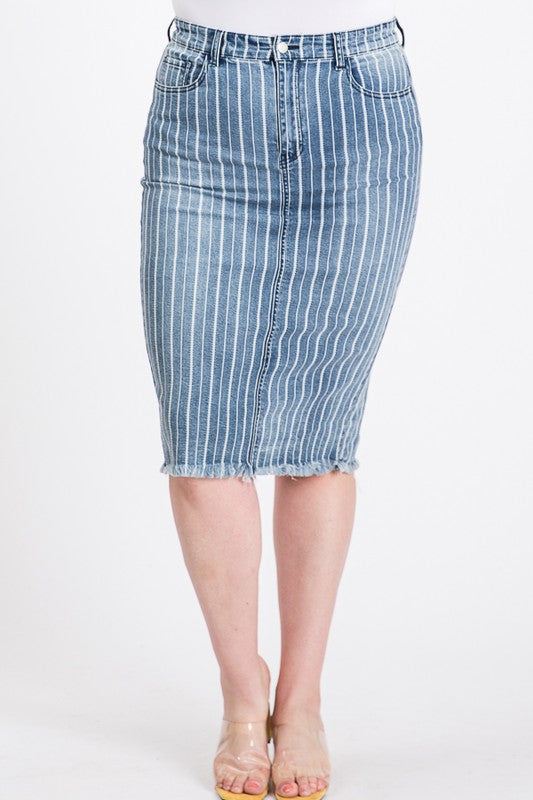 PLUS SIZE STRIPED BACK SLIT MIDI SKIRT