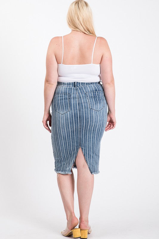 PLUS SIZE STRIPED BACK SLIT MIDI SKIRT