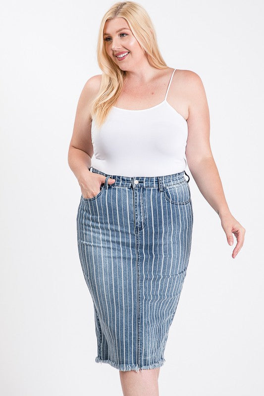 PLUS SIZE STRIPED BACK SLIT MIDI SKIRT