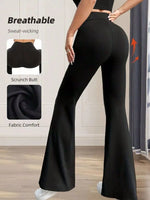 Black flared leggings worn by a person, with features highlighted on a white background.