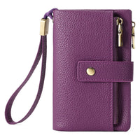 Purple wallet with a strap on a white background