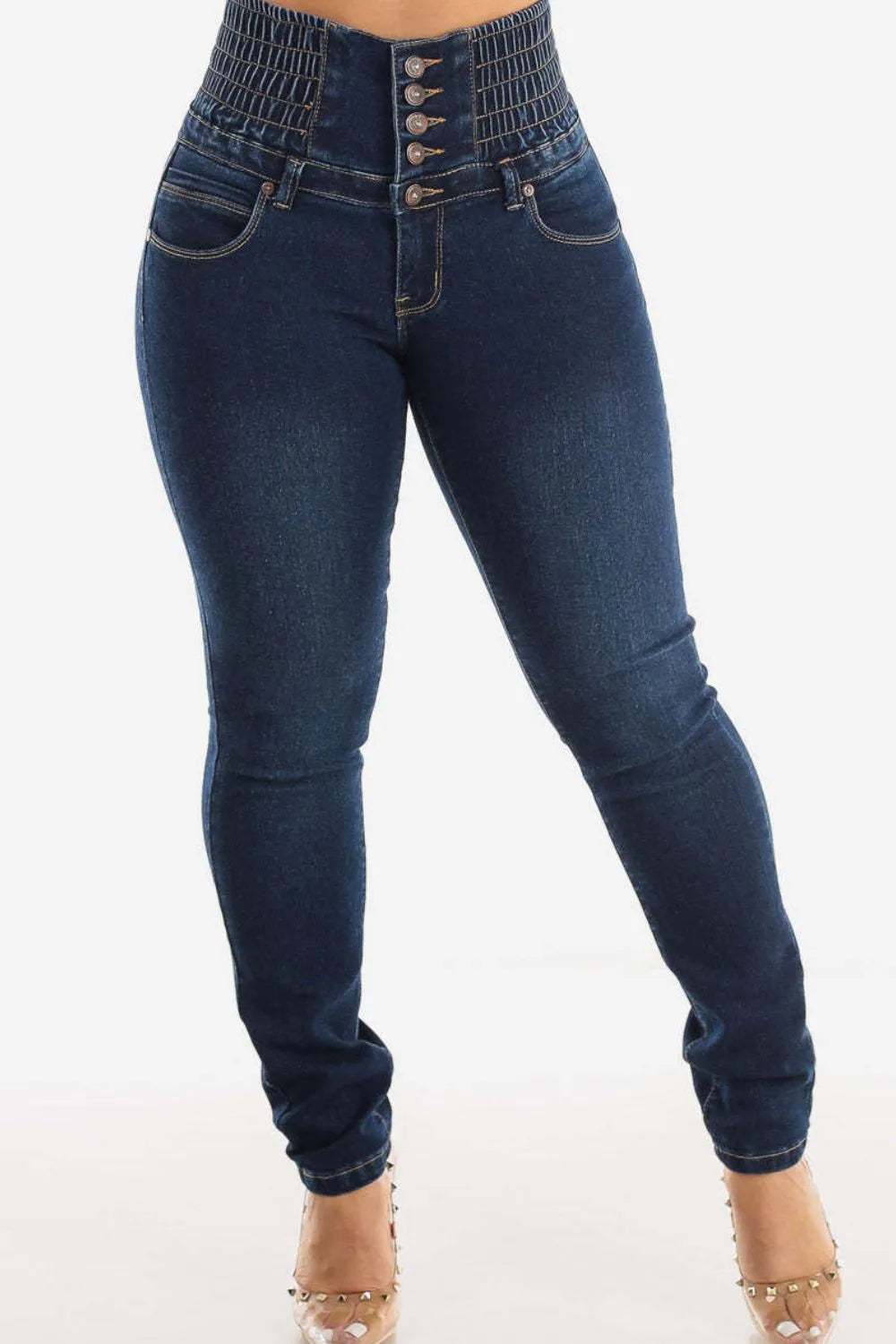 Dark blue jeans with a high-waisted design on a white background