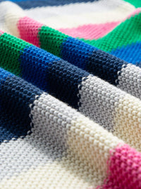 Close-up of colorful knitted fabric with a striped pattern.