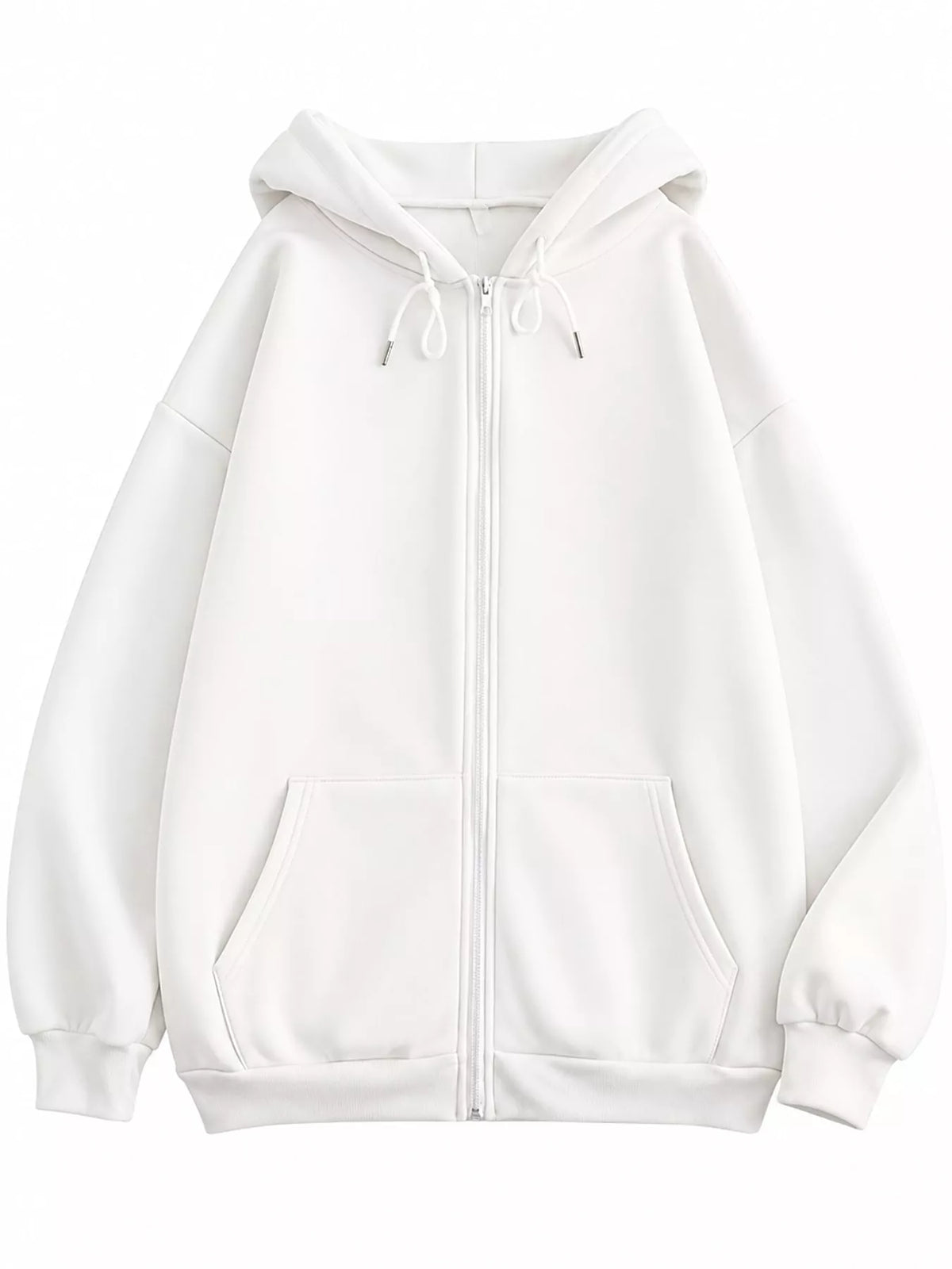 A white zip-up hoodie with a drawstring hood, front pockets, and ribbed cuffs and hem, shown on a plain white background.