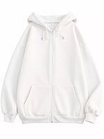 A white zip-up hoodie with a drawstring hood, front pockets, and ribbed cuffs and hem, shown on a plain white background.