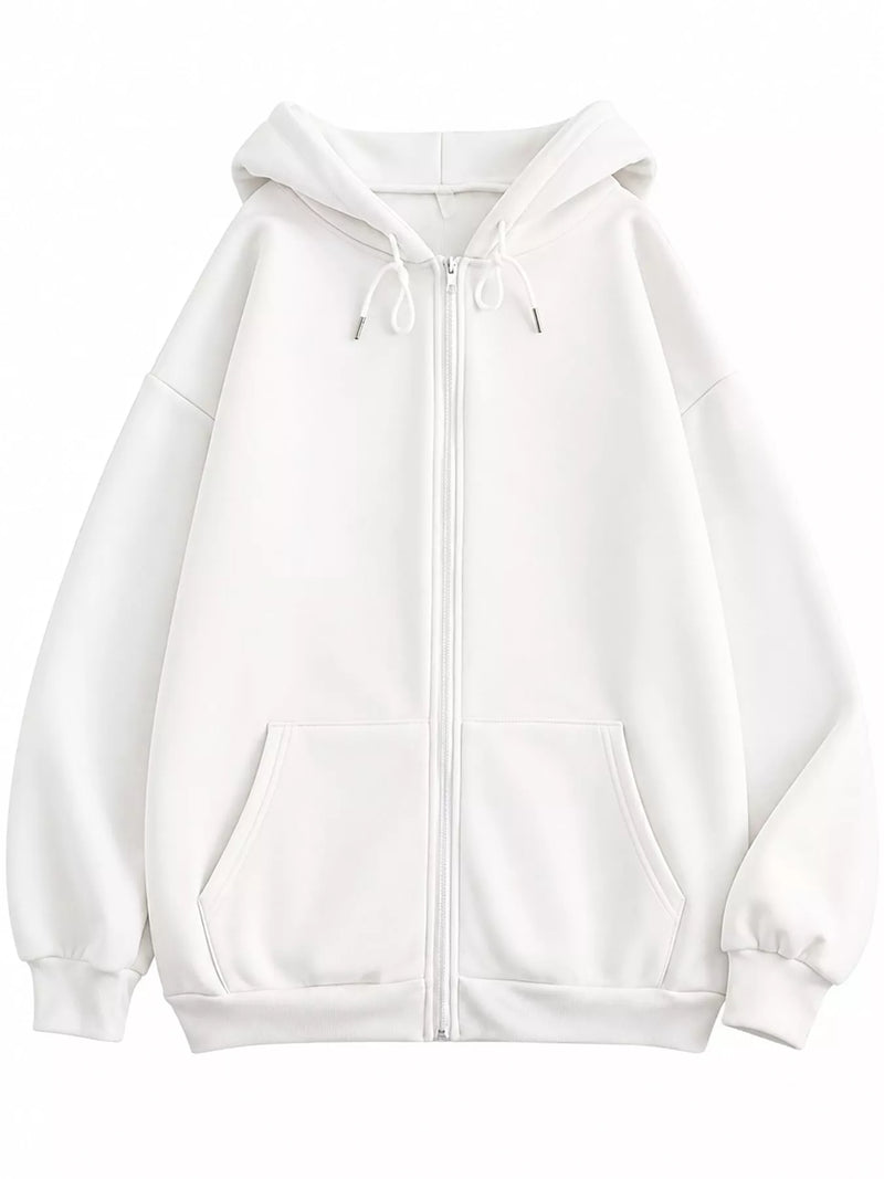 A white zip-up hoodie with a drawstring hood, front pockets, and ribbed cuffs and hem, shown on a plain white background.