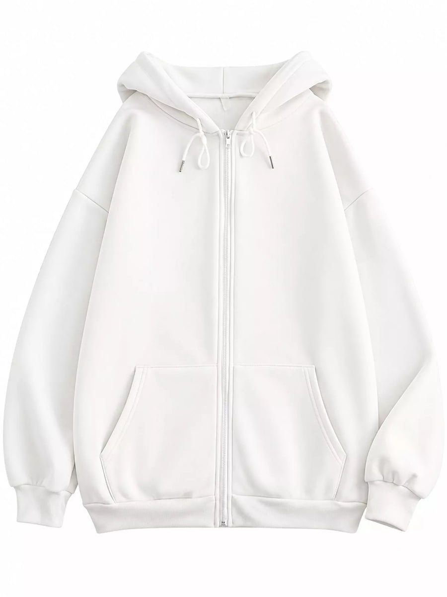 A white zip-up hoodie with a drawstring hood, front pockets, and ribbed cuffs and hem, shown on a plain white background.