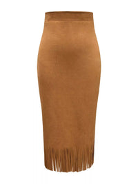 Brown suede skirt with fringe on a white background