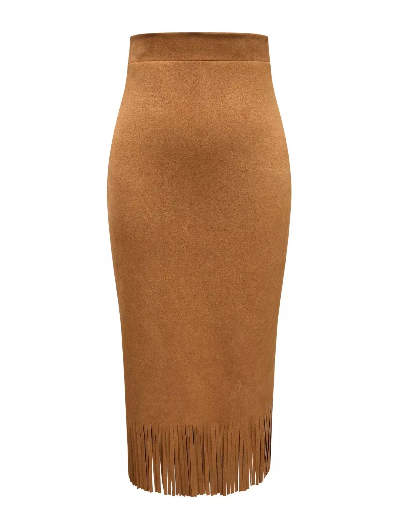 Brown suede skirt with fringe on a white background