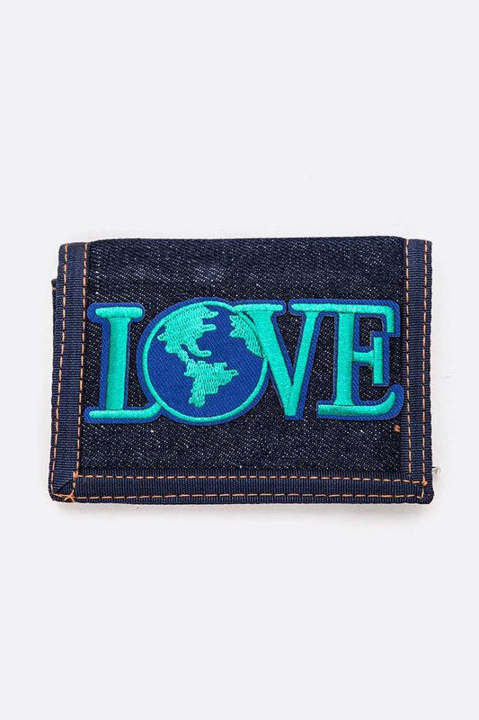 Denim cardholder with 'LOVE' and world map design on a white background