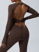 Close up view of the back of brown Twisted Backless Long Sleeve Jumpsuit