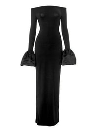 Black long-sleeve gown with ruffled cuffs on a white background