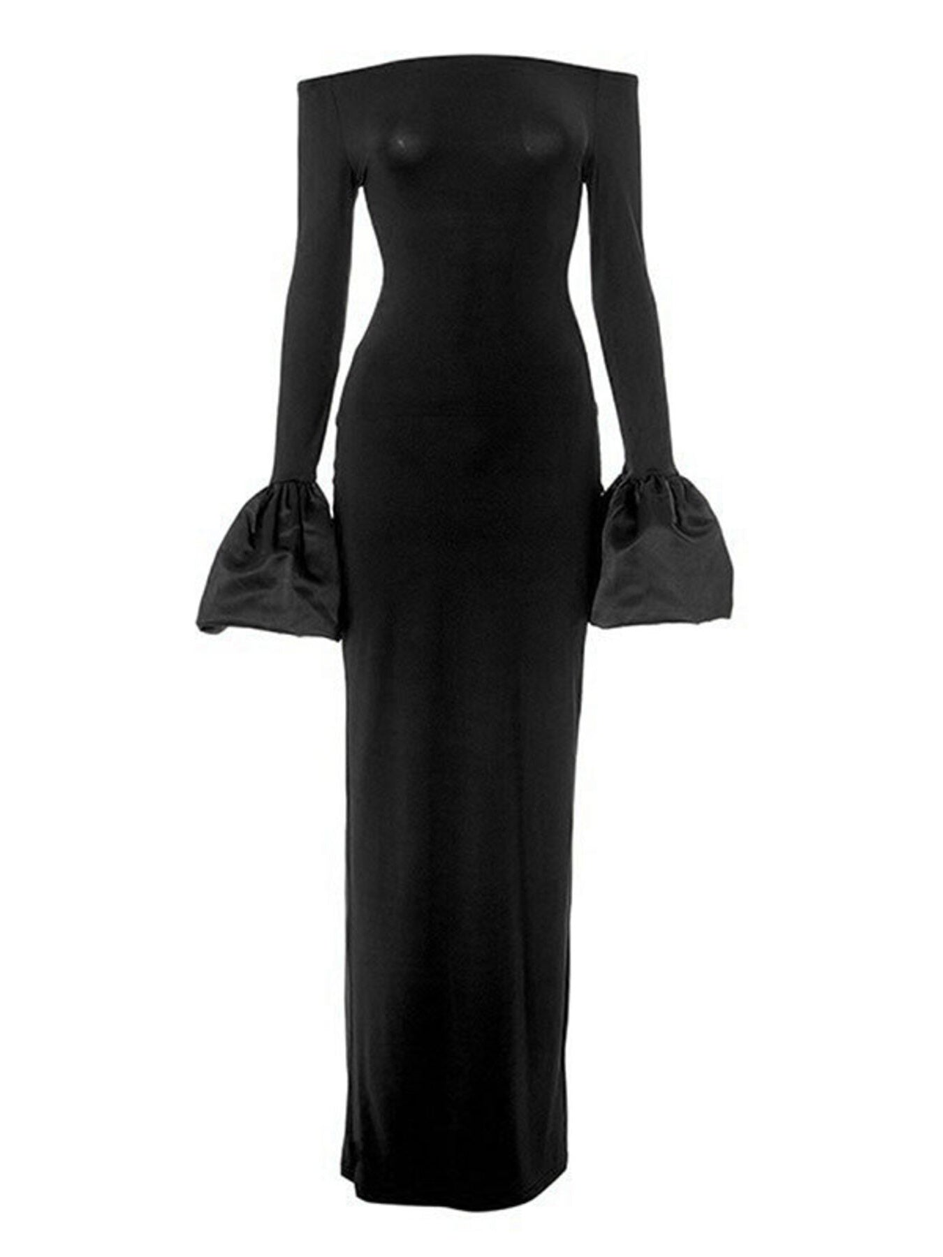 Black long-sleeve gown with ruffled cuffs on a white background