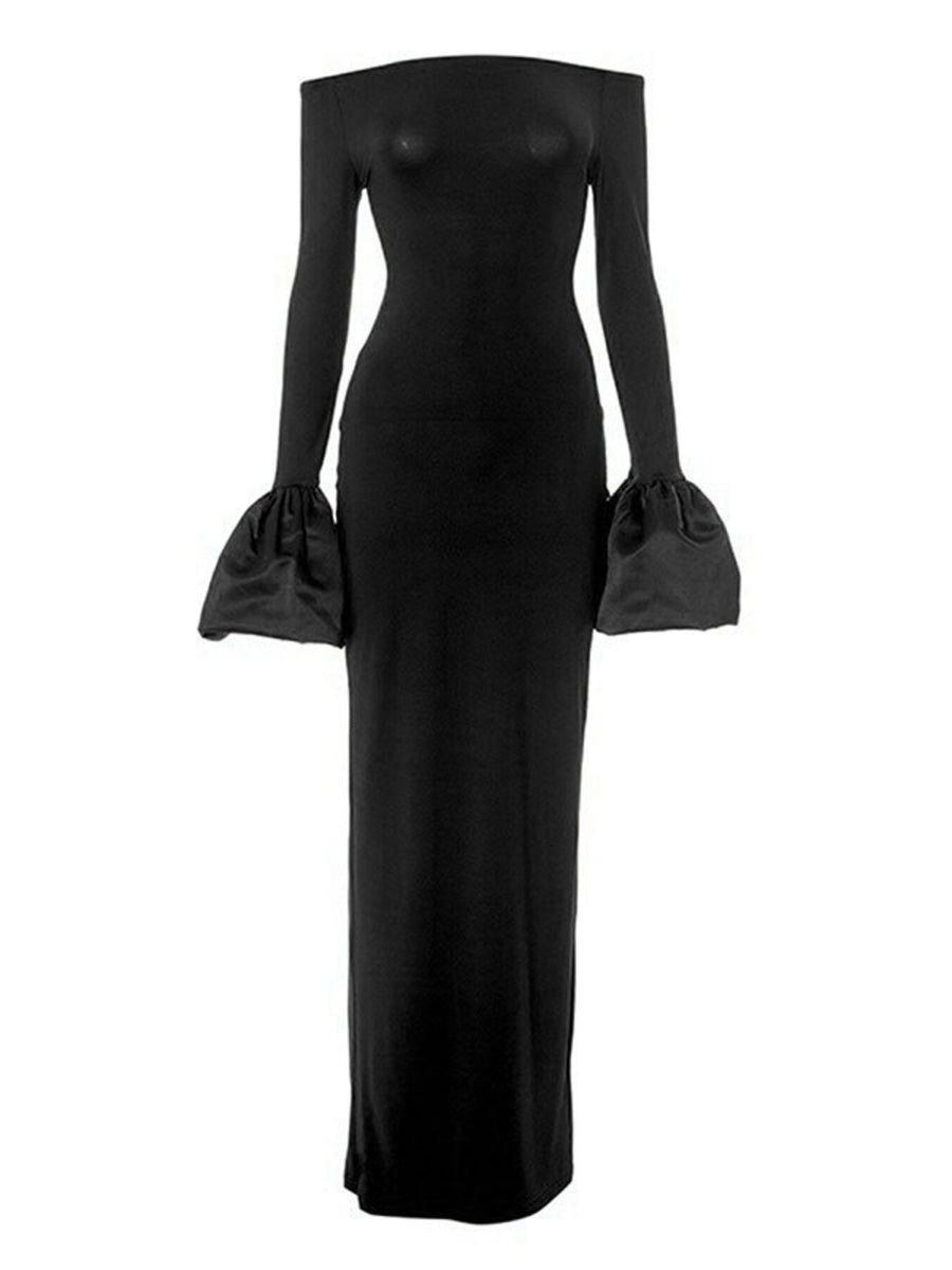 Black long-sleeve gown with ruffled cuffs on a white background
