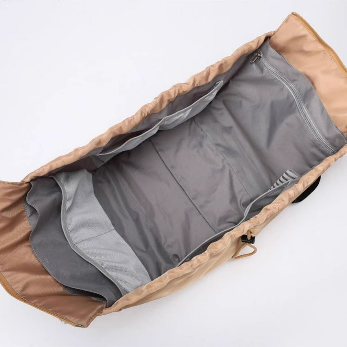 Open beige and gray bag on a white background