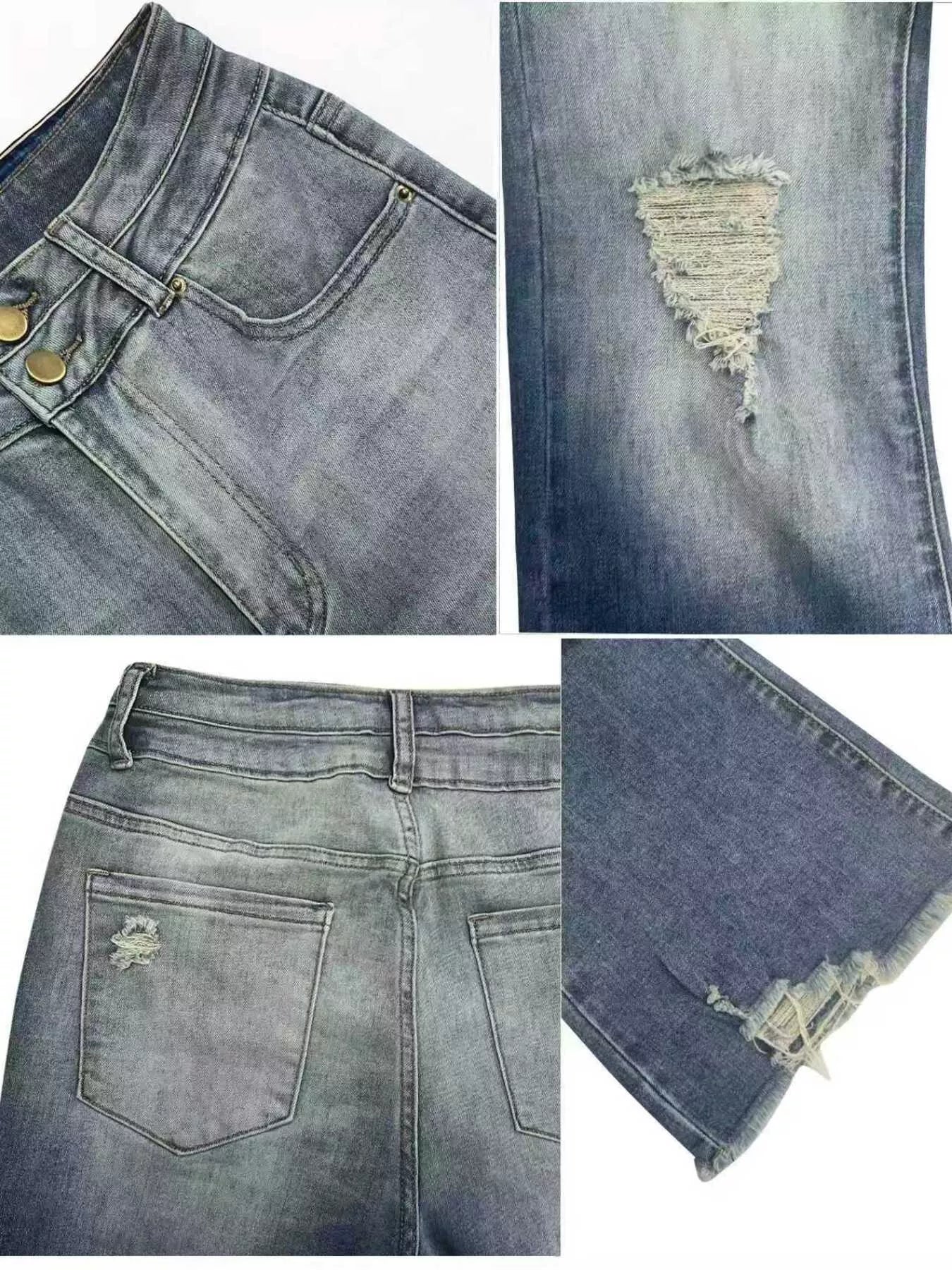 Collage of blue jeans with distressing details on a white background