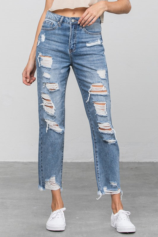 HIGH WAIST HEAVY DISTRESSED GIRLFRIEND JEANS for you