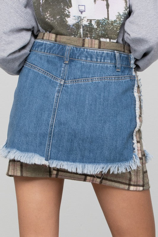 Zoom in back view of PLAID CHECKER DENIM MINI SKIRT