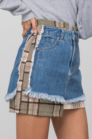 Close up side view of PLAID CHECKER DENIM MINI SKIRT