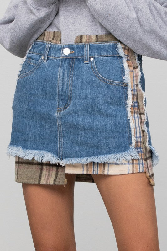 Close up front view of PLAID CHECKER DENIM MINI SKIRT