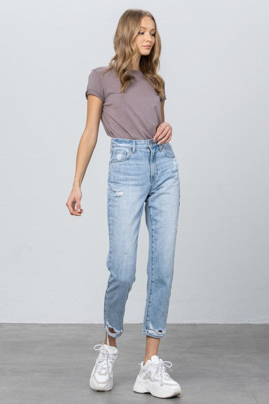 High Waist Ripped Hem Tapered Jeans