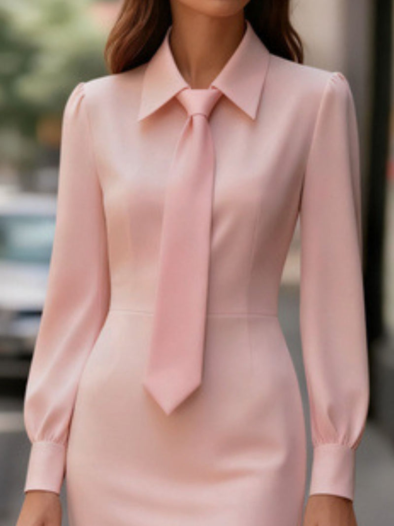 Person wearing a light pink dress with a tie around the collar, blurred background