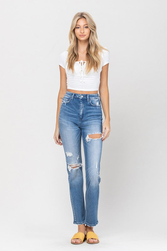 Super High Rise Distressed Straight Jeans