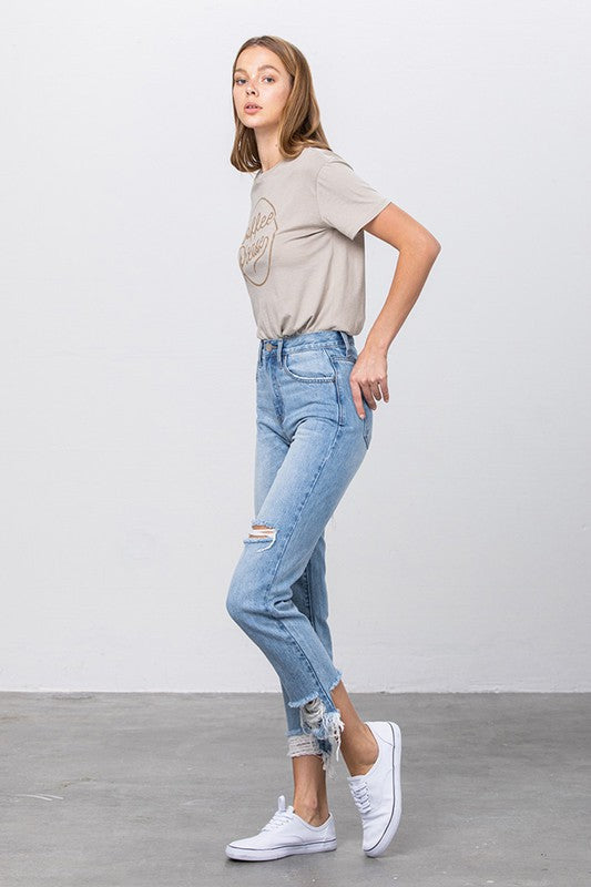 Left side view of HIGH WAIST TAPERED JEANS
