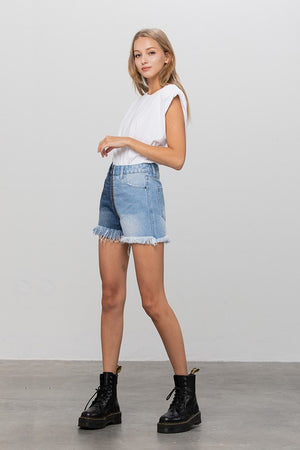 Side view of ZIP CODE TWO TONE PREMIUM DENIM SHORTS