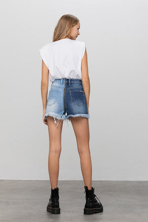 View of the back of ZIP CODE TWO TONE PREMIUM DENIM SHORTS