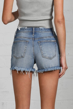 Zoom in view of the back of MID-RISE DISTRESSED SHORTS