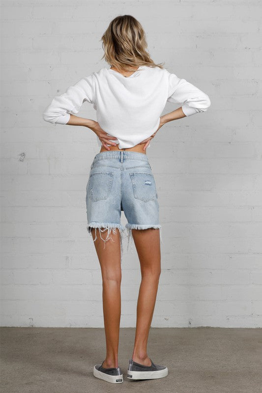 HIGH RISE MIDI DESTROYED SHORTS for you