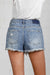Close up of the back of HIGH RISE DESTROYED DENIM SHORTS