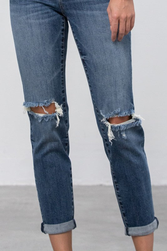 Close up of knees on Ripped Boyfriend Jeans