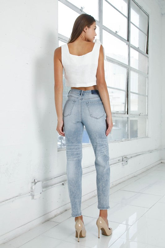 Back view of HIGH RISE GIRLFRINED JEANS LIGHT WASH